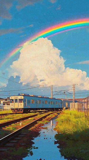 蓝天白云下草地河流高铁火车铁路手绘插画