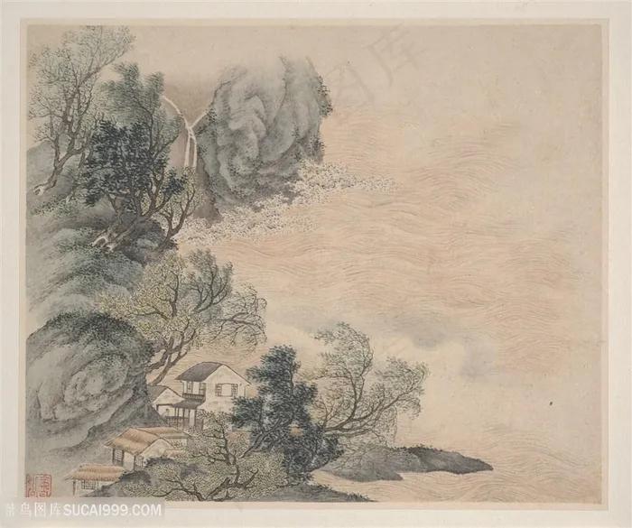 清代画家樊圻山水册页江涌碧浪图国画图片