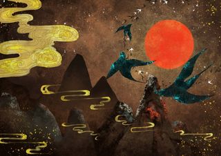 国潮鎏金复古烫金国风孔雀仙鹤装饰画素材PSD