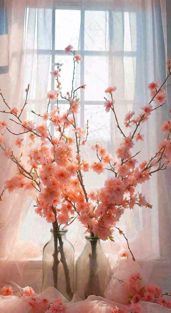 春天窗台花瓶粉色鲜花花束，春分(816x1488)