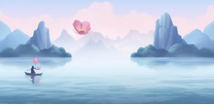 山水画湖泊花背景