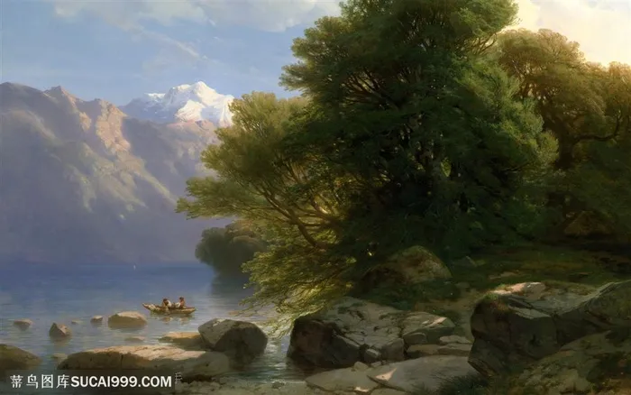 树林下的小船田园风光油画