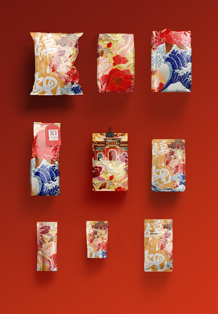 唯美国潮风中式零食包装智能贴图样机(4400x6336)psd模版下载