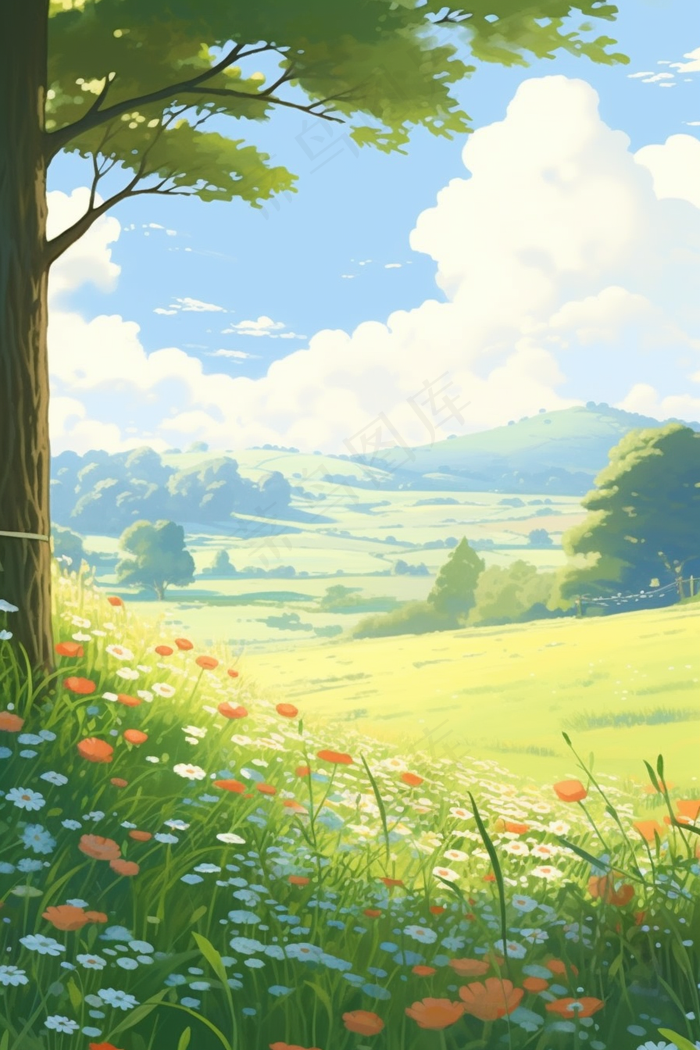 夏日风光草原山林花丛卡通插画背景(2688x4032)