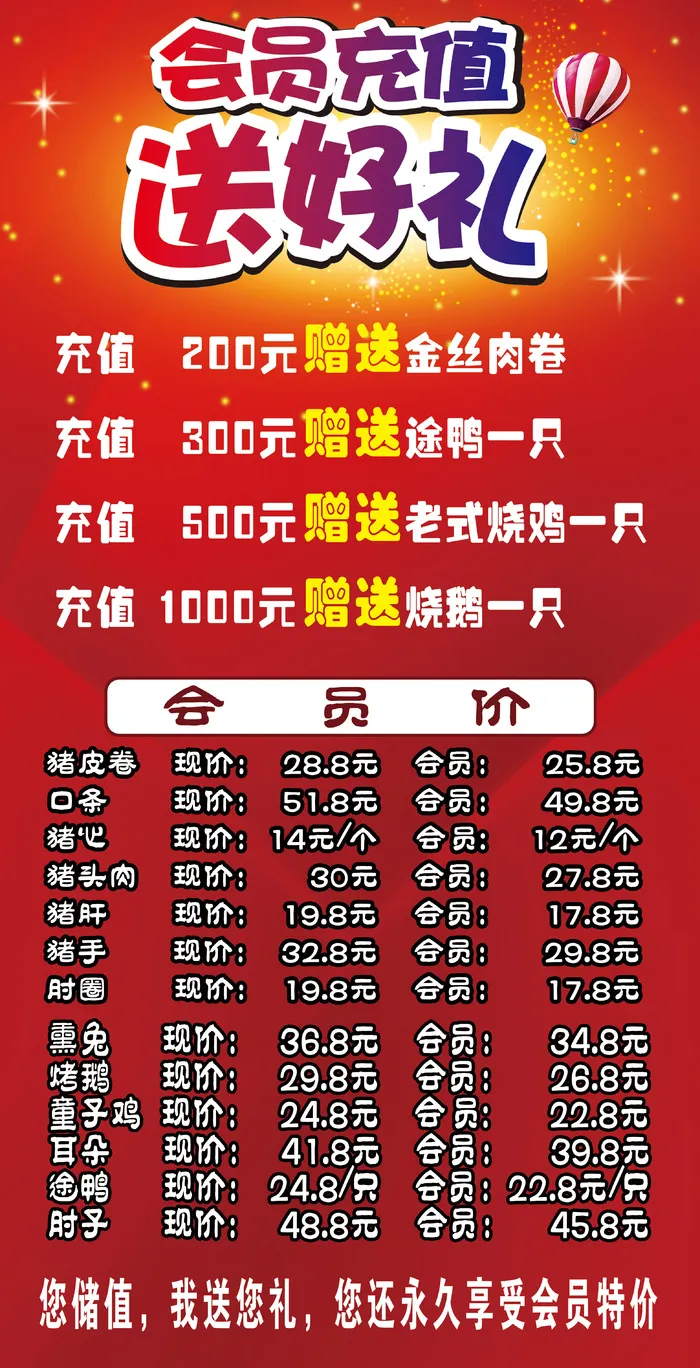 丰源肉联 会员充值  送好礼 价格表 活动 红色 海报psd模版下载