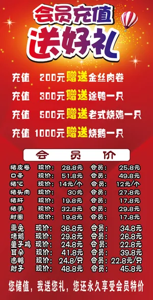 丰源肉联 会员充值  送好礼 价格表 活动 红色 海报