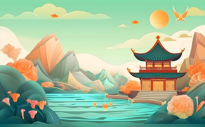 国风山水阁楼古风背景