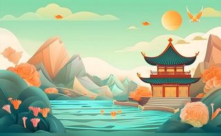 国风山水阁楼古风背景