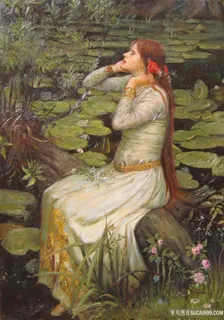 公园荷花女士油画风景画