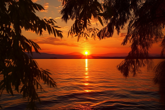 夕阳余晖倒映在湖面上垂下的树枝摄影图