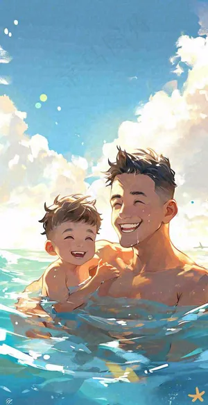 夏天父子游泳泳池蓝天白云清新手绘插画