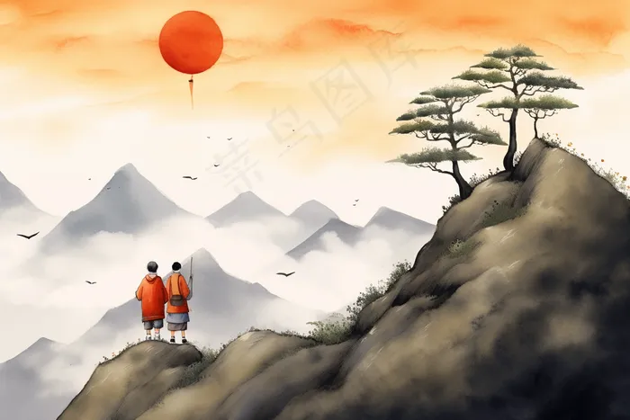 中国风山水水墨画重阳素材背景(x)