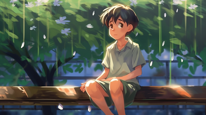 男孩坐着花树下木椅卡通插画素材(4368x2448)
