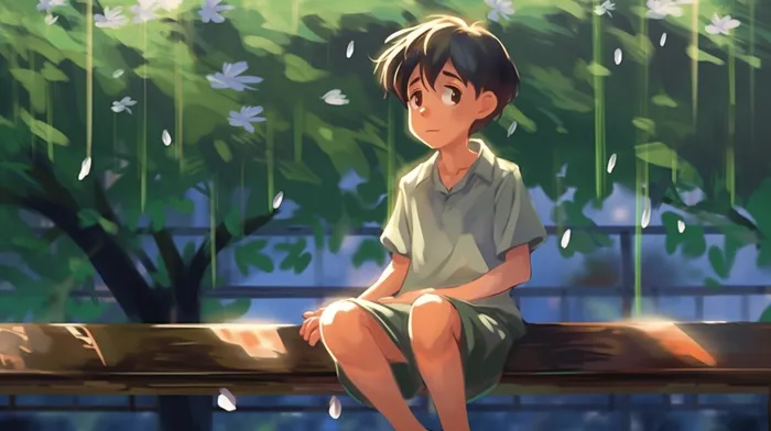 男孩坐着花树下木椅卡通插画素材(4368x2448)