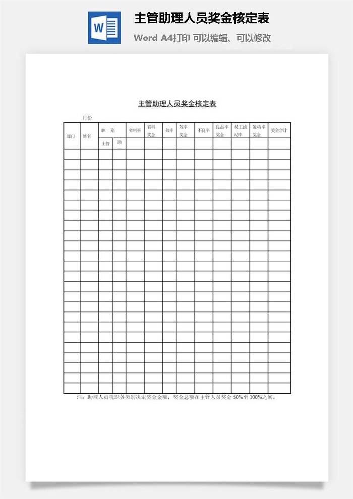 主管助理人员奖金核定表word模板