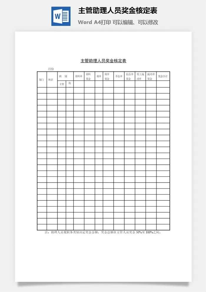 主管助理人员奖金核定表word模板