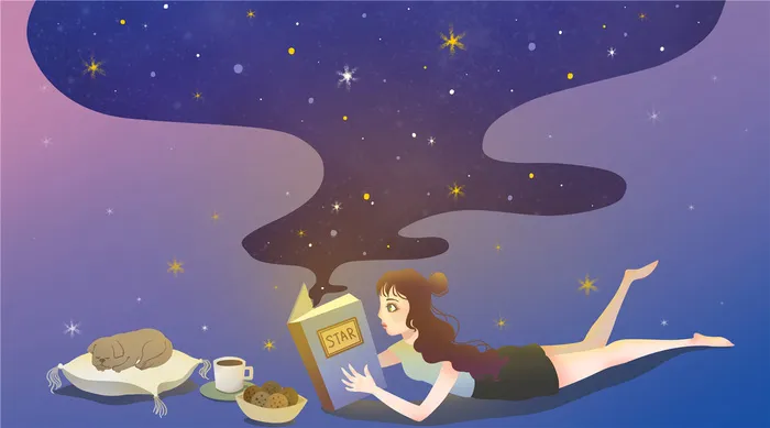 女孩看书温馨画面小猫咖啡星星psd模版下载