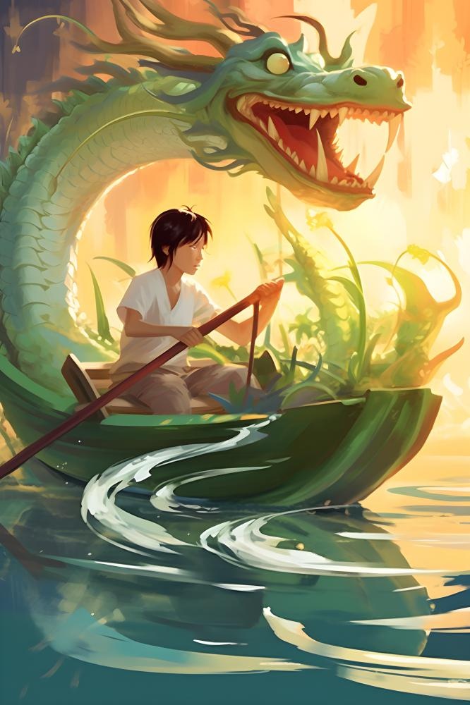 水上划船龙舟水草卡通插画背景