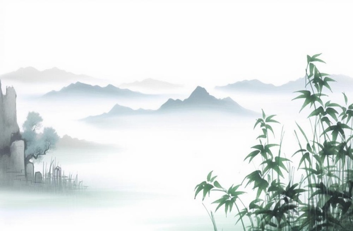 中国山水竹子水墨画绿色背景(1344x880)