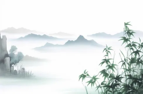 中国山水竹子水墨画绿色背景