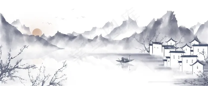 红日水墨山水建筑中国风风景插画