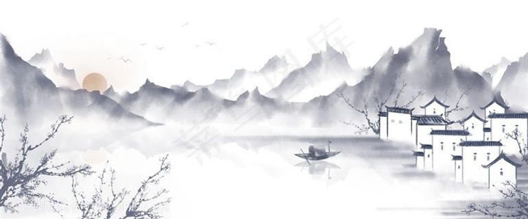 红日水墨山水建筑中国风风景插画