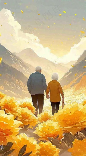 端午节老人相伴到老，菊花黄色花朵，落日山脉