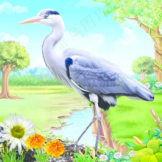 手绘白鹤风景插画高清图片