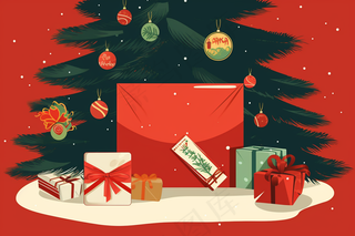 圣诞节礼物信封圣诞树卡通插画背景