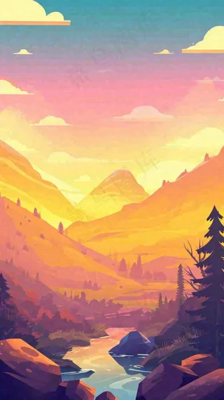 落日山脉河流小溪扁平手绘插画，旅行游玩登山郊游