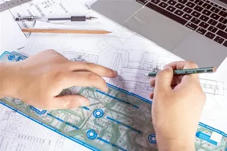 机械工程图纸图片素材放大镜铅笔键盘尺子