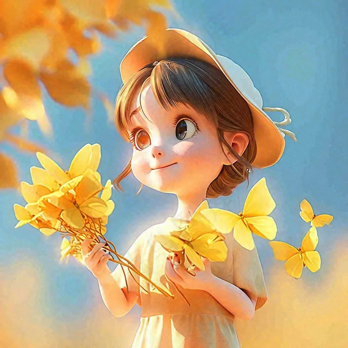 秋天秋叶飘落黄衣少女在欣赏美景，秋分(1024x1024)