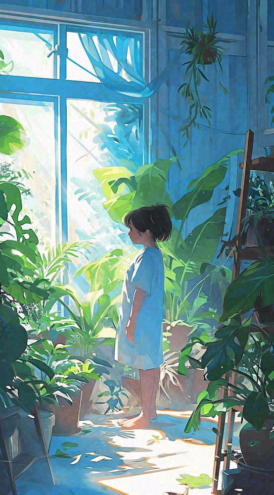 夏天炎热夏至室内小孩儿童吹风扇手绘插画(816x1472)