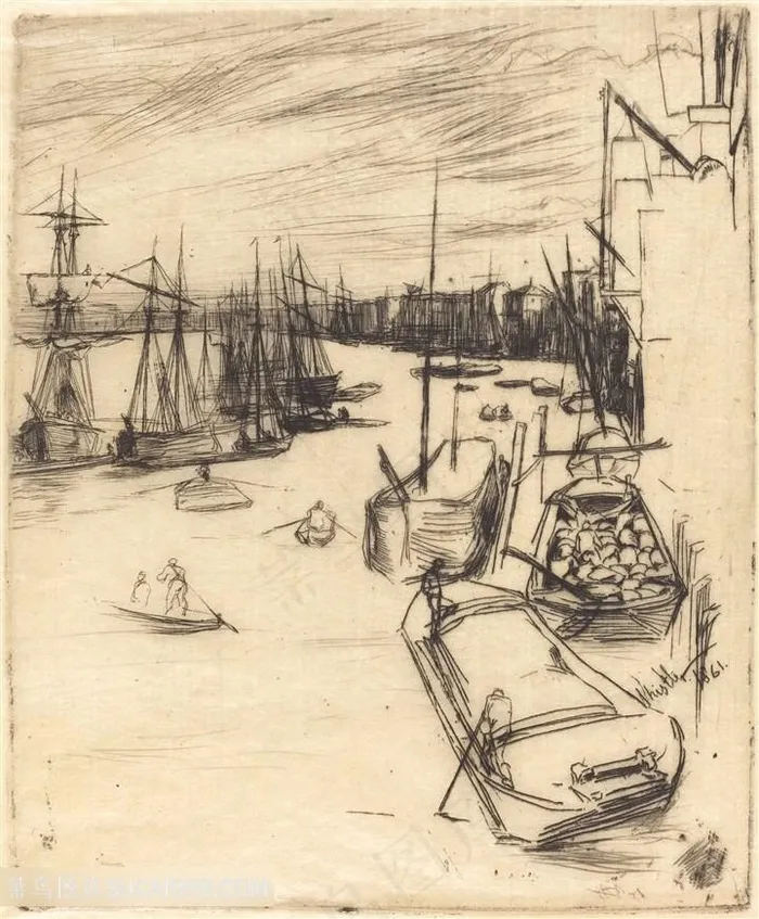 惠斯勒素描湖畔船美景