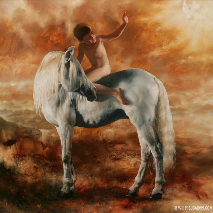 白马骏马男孩油画风景画