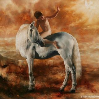 白马骏马男孩油画风景画