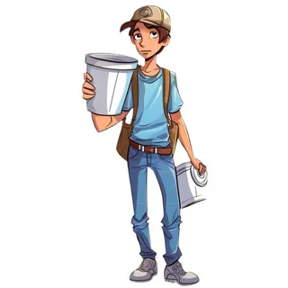 小男孩拿着水壶水桶浇水绿植草人物插画免抠