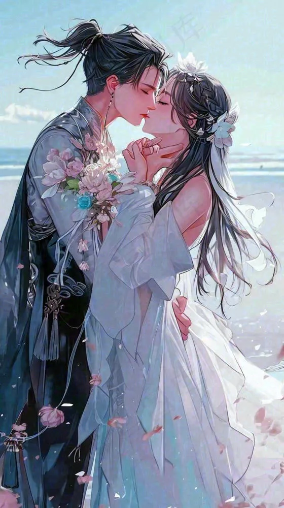 海边阳光沙滩情侣婚纱照爱情甜蜜情人节手绘插画(816x1456)