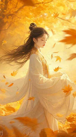 中国风秋天秋叶橙色古风美人手绘插画