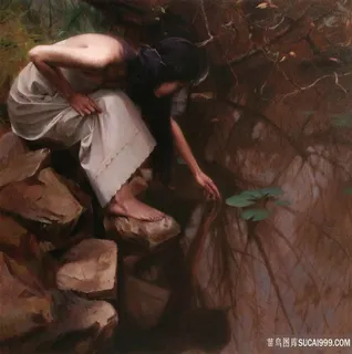 湖边玩耍的女人油画装饰画