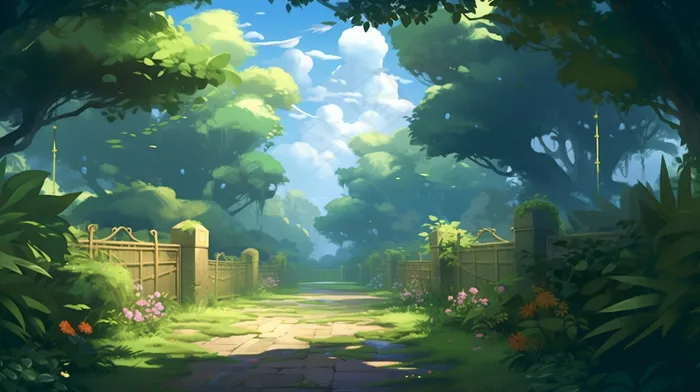 后院花园公园绿荫卡通插画背景(4368x2448)