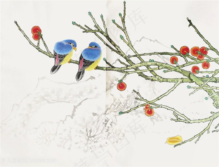 树枝花鸟复古装饰画