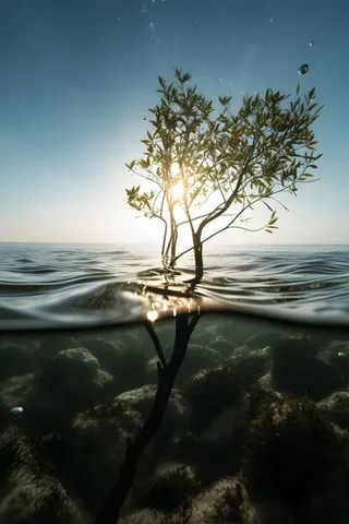 光照折射海面树枝浪花背景