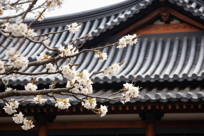 屋檐下开百花的树摄影图(4032x2688)