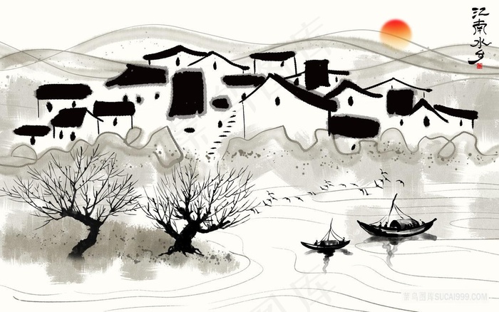 江南水乡水墨中式风景画
