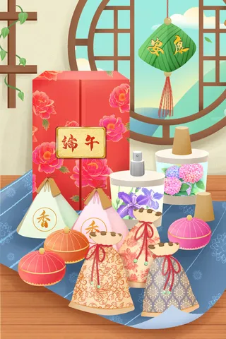 国潮风中国传统节日端午节赛龙舟粽子场景插画海报PSD设计素材