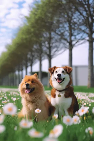 两只狗在草丛花丛里玩耍摄影图