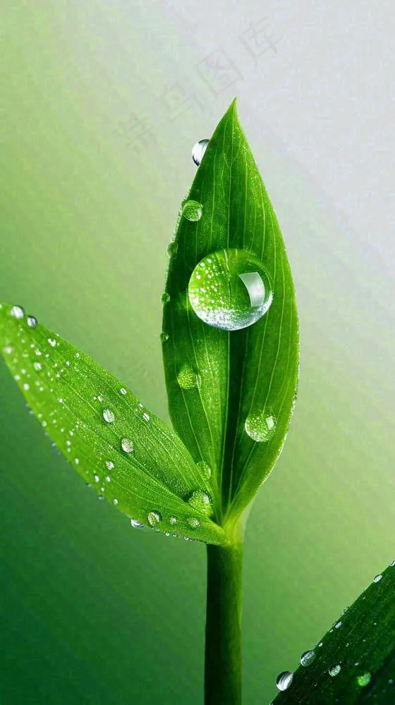 夏天绿植叶子露珠萌芽清新，雨水白露谷雨摄影图(816x1456)