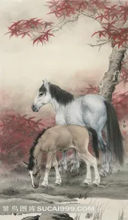 中国工笔画-枫树下的两匹骏马 中国工笔画-枫树下的两匹骏马