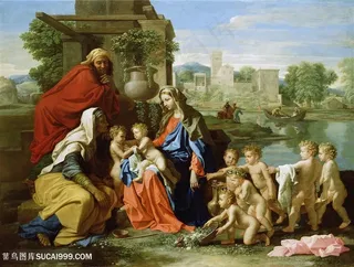 唯美湖畔母子聚会油画风景画油画图片